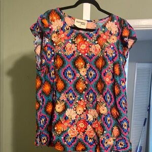 Savanna Jane Orange Pink Graphic Cap Sleeve Blouse Embroidery on bottom